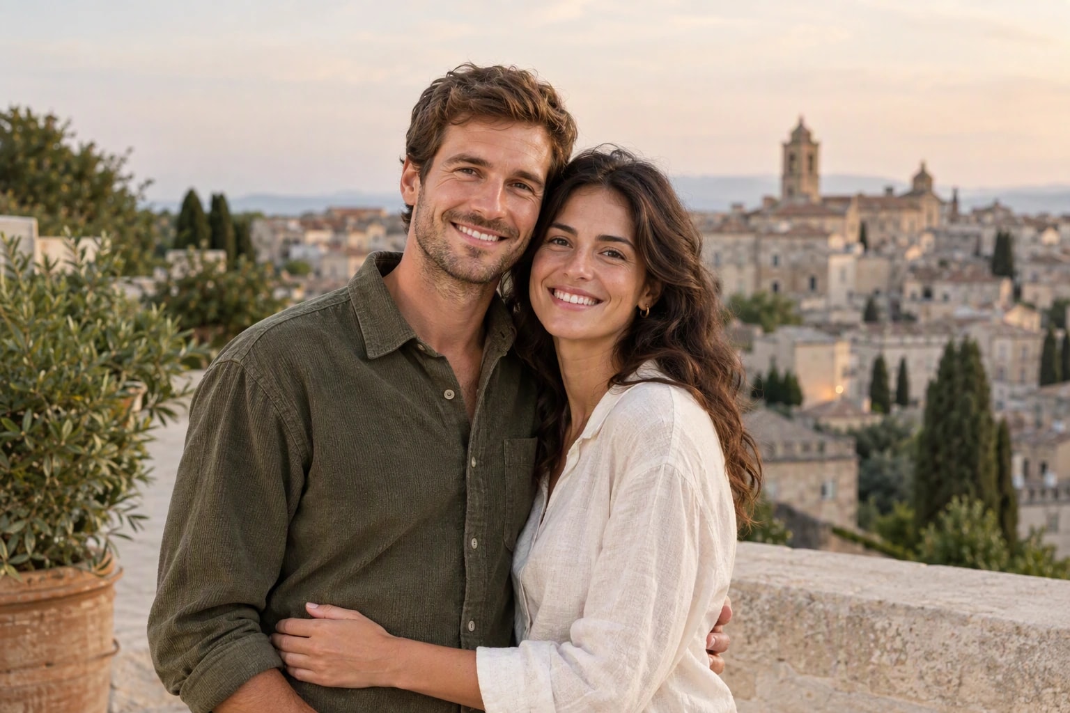 Fictional photographic example of a man and woman smiling together on a warm evening terrace