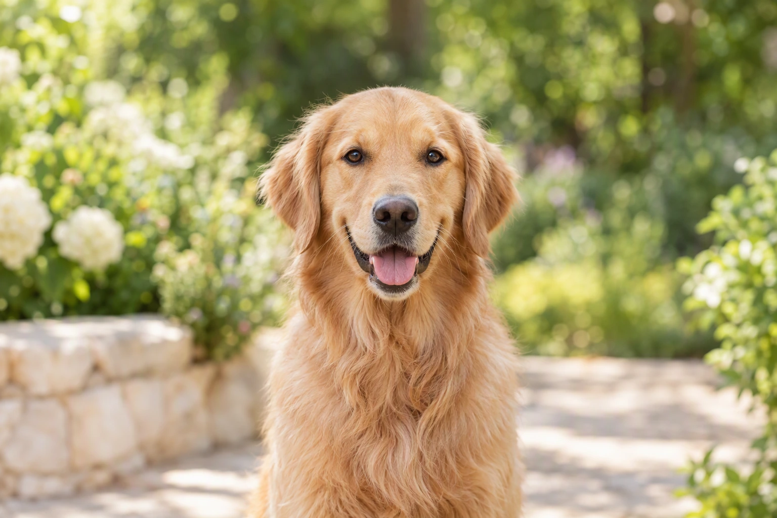 Fictional photographic example of a friendly golden retriever, with its full head and ears visible in a sunlit garden