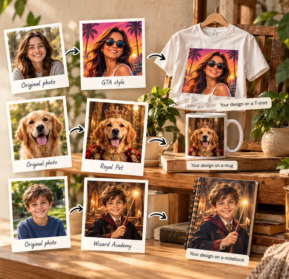 Three photo-to-product examples: a woman transformed into GTA-style artwork on a T-shirt, a dog into a royal portrait on a mug, and a child into a wizard portrait on a notebook.
