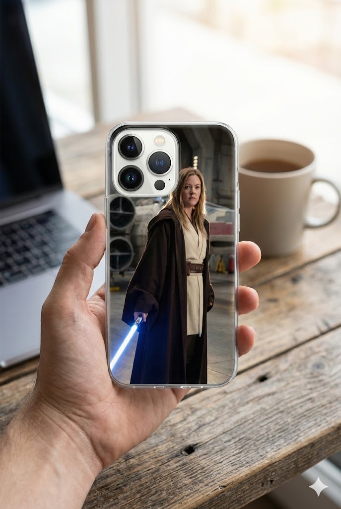 Custom product mockup showing AI cartoon art on a t-shirt and mug - 5.phone_starwars.jpg